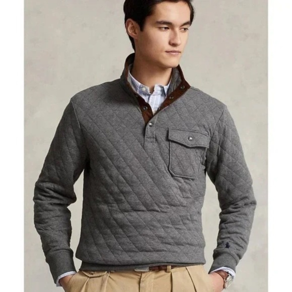 🔥 POLO Ralph Lauren Quilted SYNCHILLA 4 Snap Pullover Sweater - Charcoal Grey